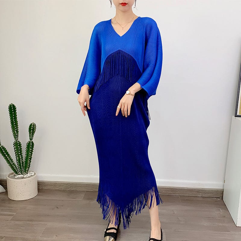 Free / Dark blue OUDINA New Women Clothing Dress Contrast Color V-neck Loose Elegant Tassel Fringe Casual Long Womans Dresses