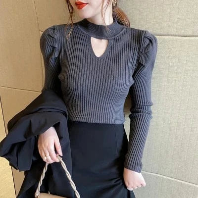 Free / Dark Gray Women Mid-neck Sweater 2023 Autumn Winter New Half Turtleneck Slim-fit Sweater Long-sleeved Blouse