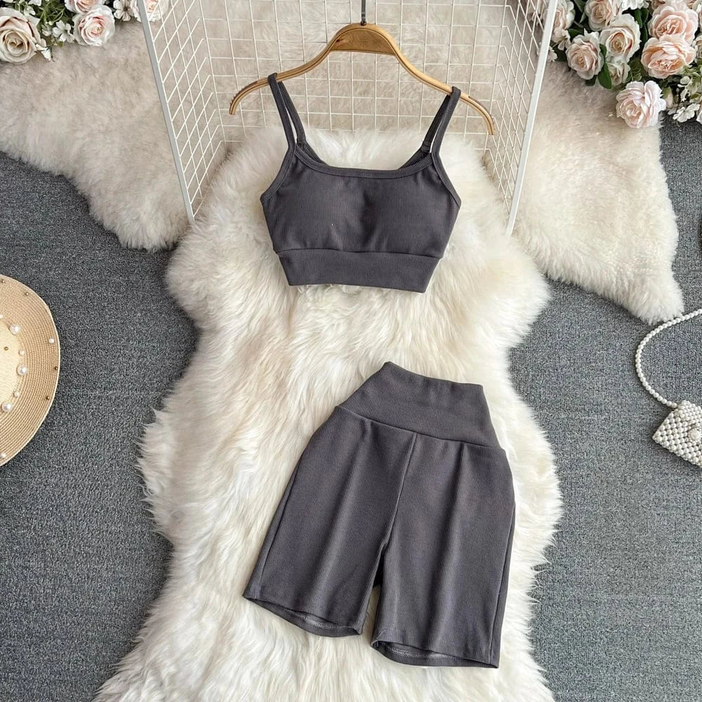 Free / Dark grey Summer Sports Fashion Suit Women Yoga Halter Undershirt Shorts Two Piece Set