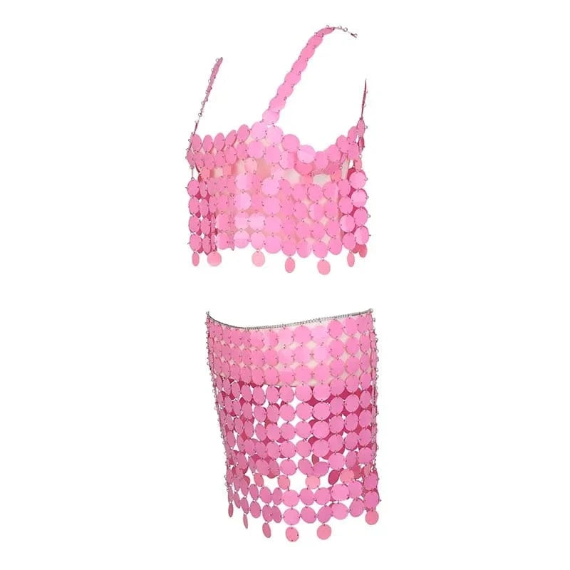 Free / DB1504FD0104 Sexy Sequin Halter Top & Split Thigh Skirt Set