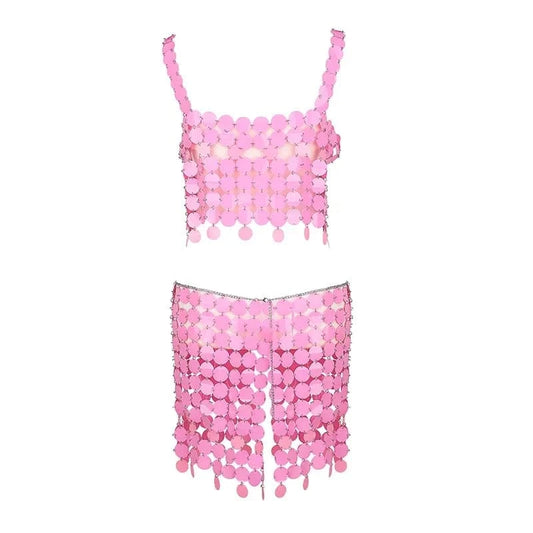 Free / DB1504FD0104 Sexy Sequin Halter Top & Split Thigh Skirt Set