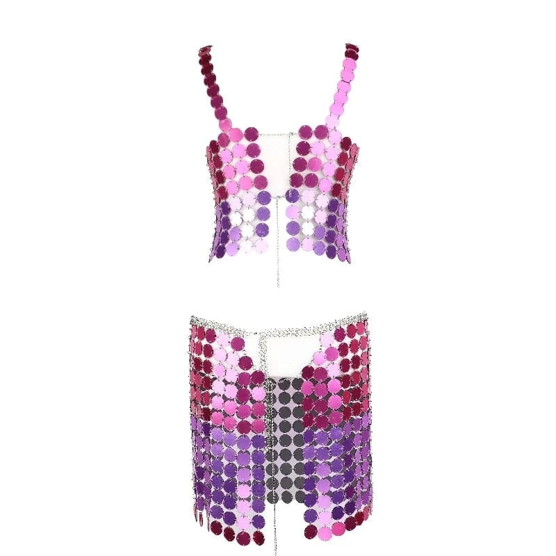 Free / DB1509FD0109 Sexy Backless Party Sequin Halter Top & Skirt Set