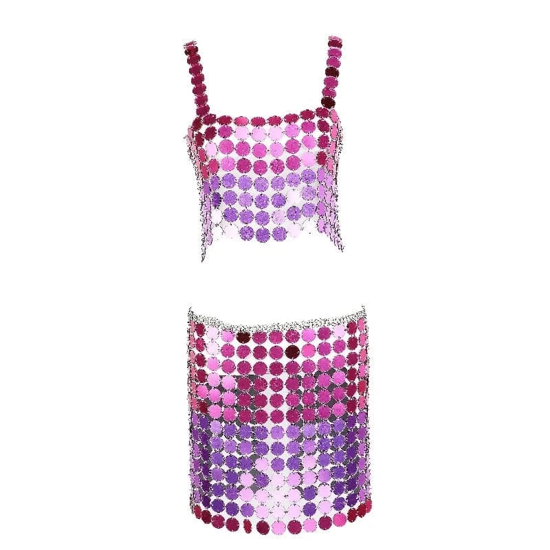Free / DB1509FD0109 Sexy Backless Party Sequin Halter Top & Skirt Set