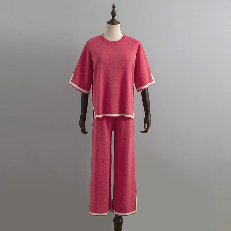 Free / Fuchsia GX3204 Good Quality 2023 Women's Knit Outfit Spring Summer Casual Short Sleeve Loose Tops and Wide-leg Pants 2 Piece Set