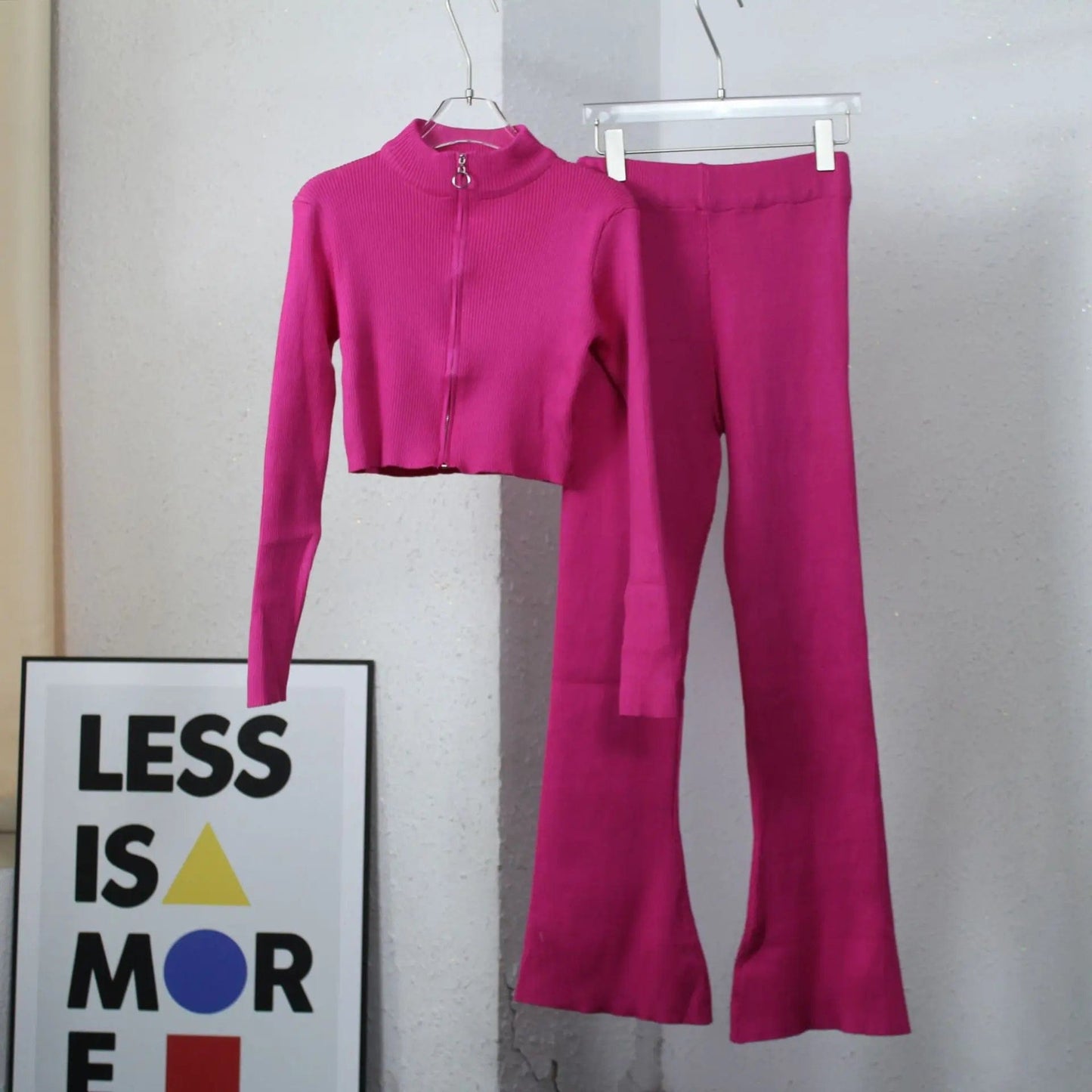 Free / Fuchsia PDEP 2023 autumn short crop sweater and  top high waist wide leg pant set solid color fashion Korean casual two piece set