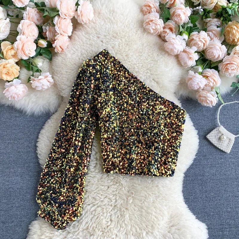 Free / Gold Fashion Sexy Slant Neck Strapless One Side Sleeve Slim Short Sequins Velvet Long Sleeve Top Women