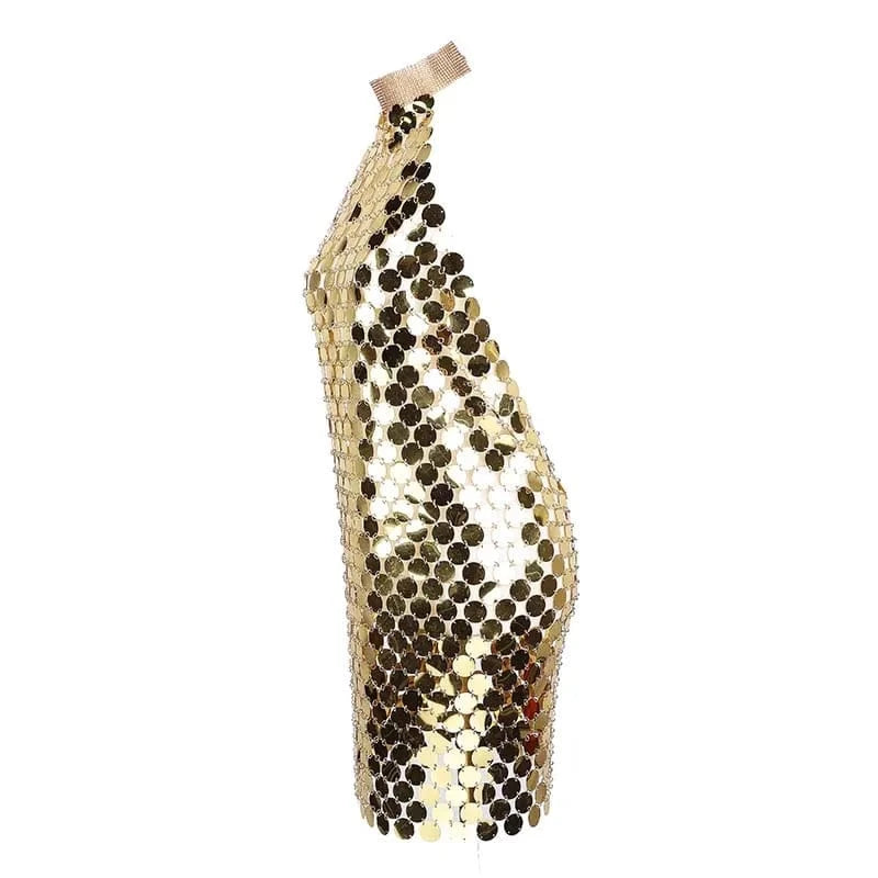 Free / Gold Sexy Sequin Decor Halter Neck Backless Bodycon Dress