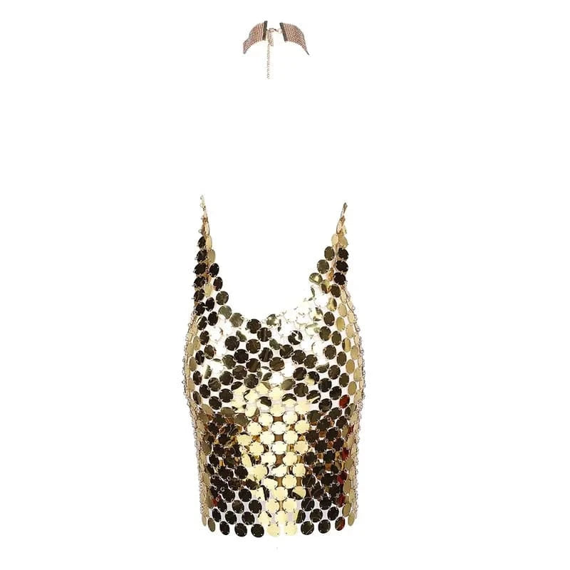 Free / Gold Sexy Sequin Decor Halter Neck Backless Bodycon Dress