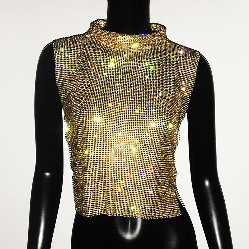 Free / Gold SHIHAN Diamante chainmail high neck top 7 colors rhinestone gold metallic crop top women sparkle shiny vest
