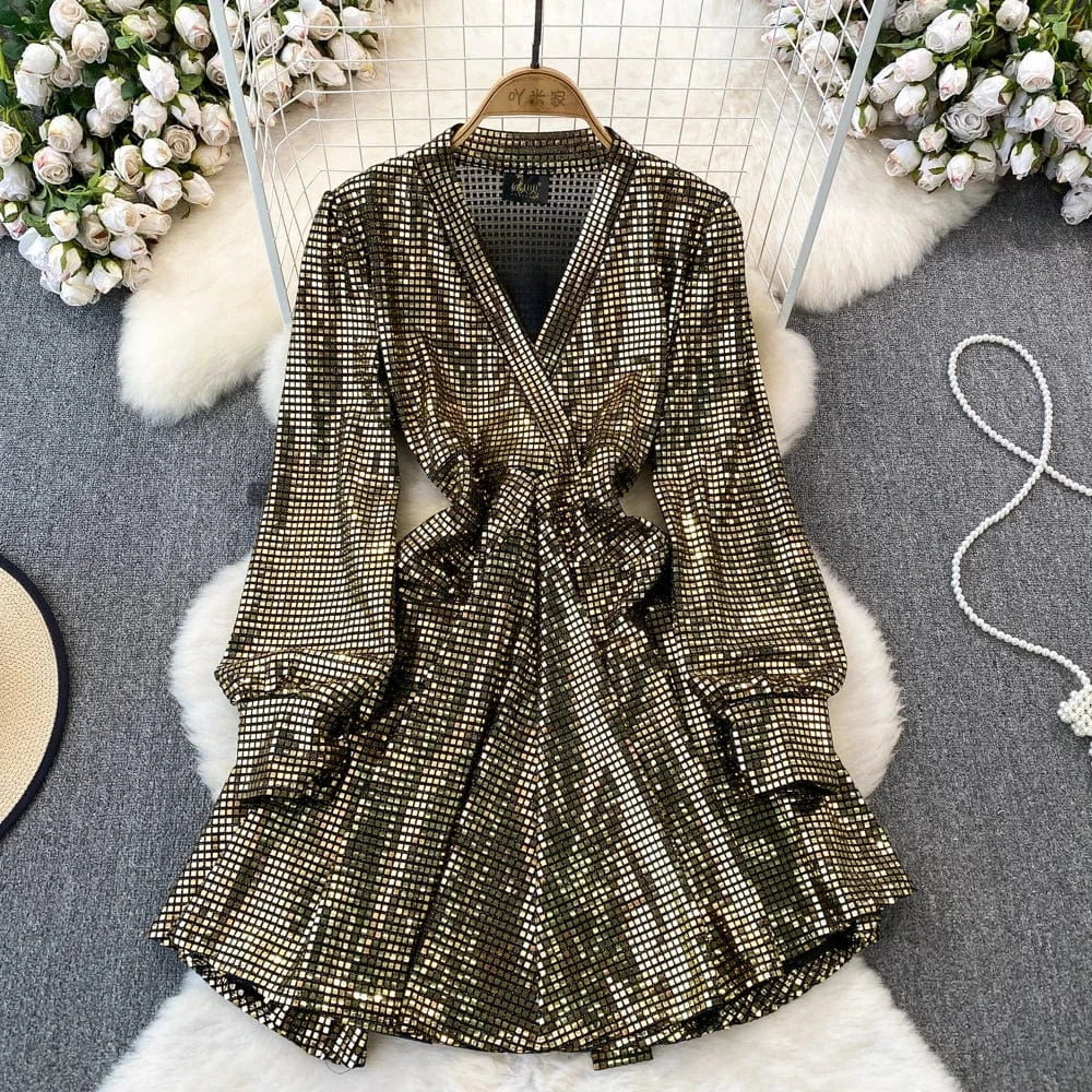 Free / Golden Good Quality Wholesale Women's Party Wear Shirt Dress Bandage Sequin Glitter Shirts For Female