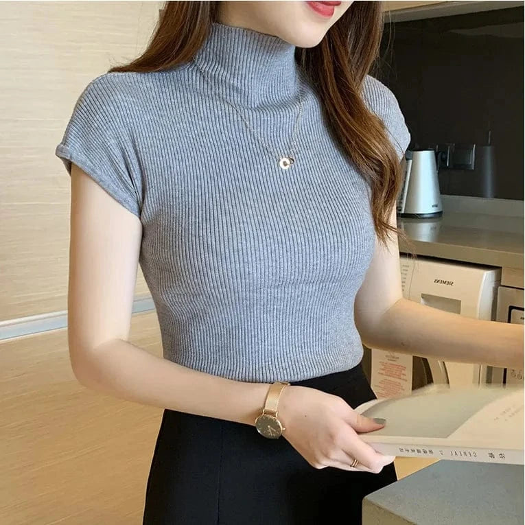 Free / Gray 2023 Summer new semi-high collar bottoming shirt women's short-sleeved knitwear tight sweater short slim top