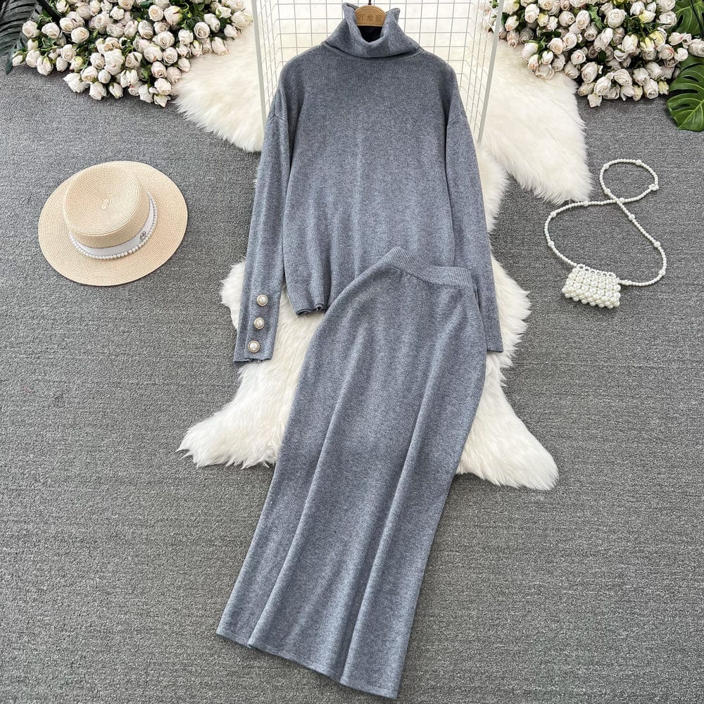 Free / Gray Autumn Winter Korean Version Long Sleeve High Waist Loose Sweater Top High Fanny Pack Hip Skirt Fashion set Women