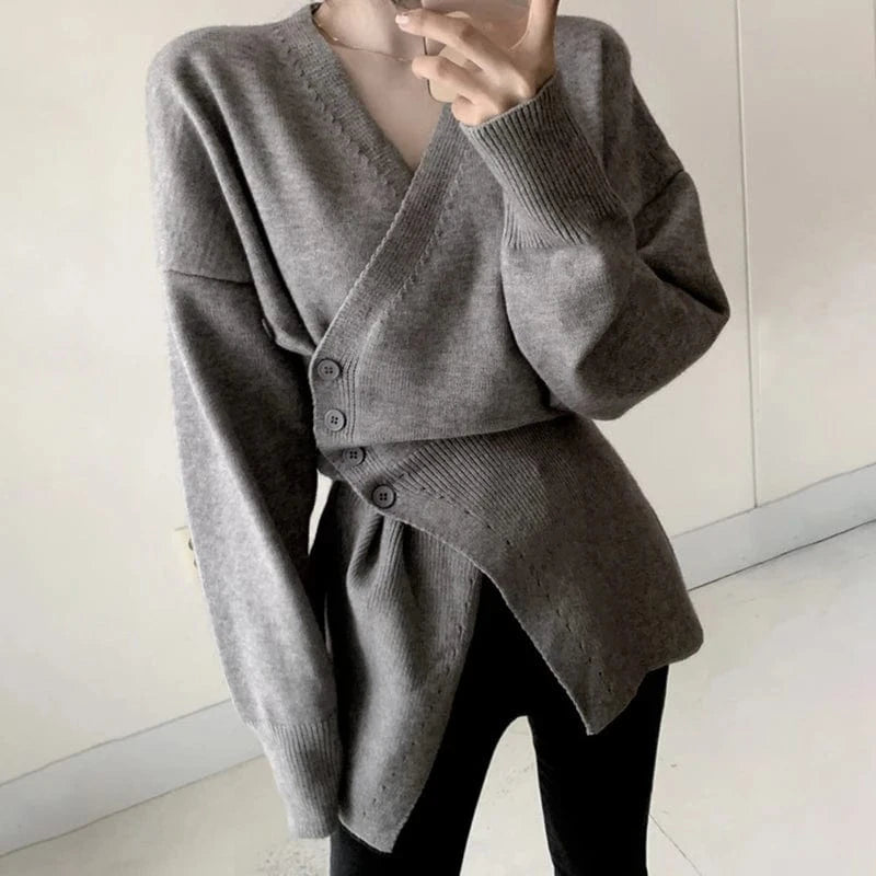Free / Gray CHICEVER High Quality Solid Color V Neck Long Sleeve Women Cardigan Knitted Sweater 2023