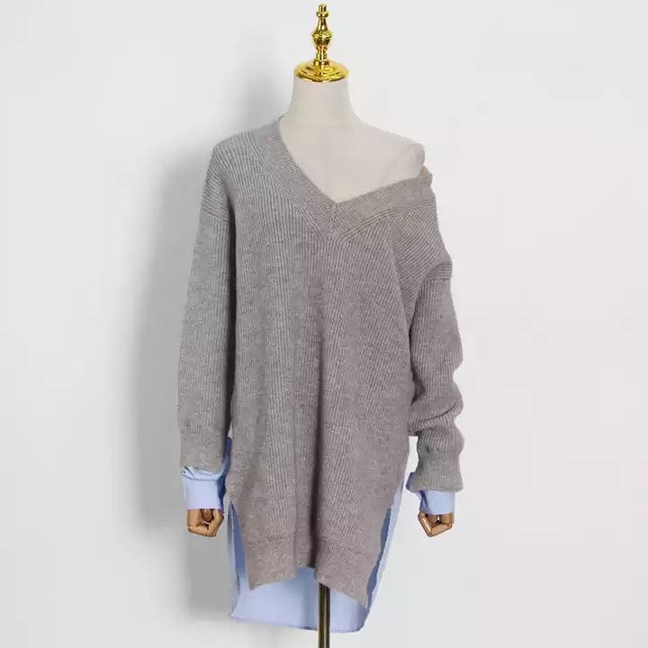 Free / Gray Fall winter ladies elegant V neck loose oversized sweater blank patchwork blouse women pullover knitted sweater