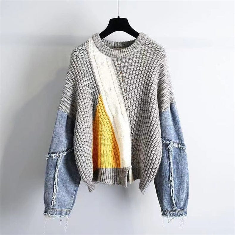 Free / Gray Fashion color block patchwork denim sleeve ladies crew neck sweater shirt fall knit pullover women's sweater mujer 2022