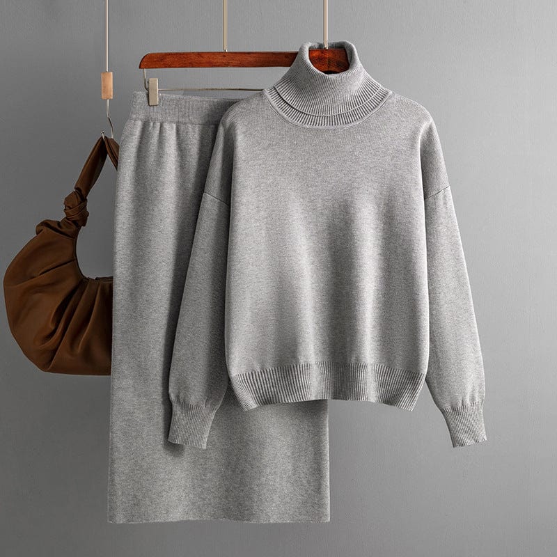 Free / Gray Fashion Two Piece Set Autumn And Winter New Knitted Set For Ladies Outer Wear High Collar Sweater Skirt Set Female Wholesale