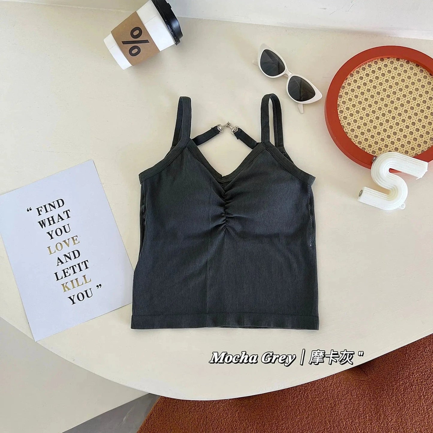 Free / Gray / Nylon 2024 Spring and Summer Hot Style Pure Style Chain Outer Wear Camisole Integrated Chest Pad Base Large U Back Sleeveless Top