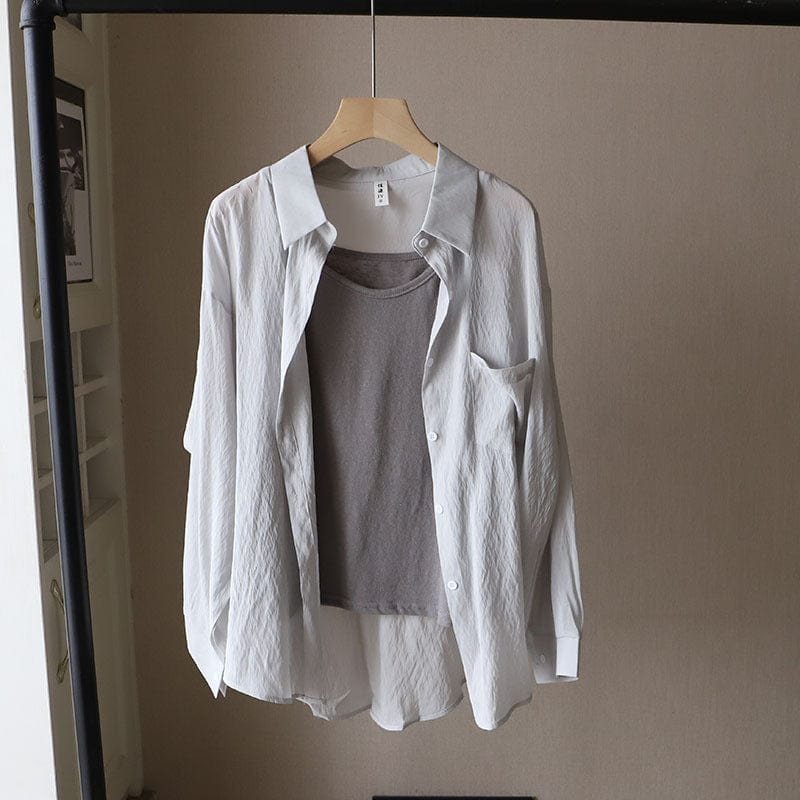 Free / Gray Office Smart Plain White Button up Shirt for Ladies