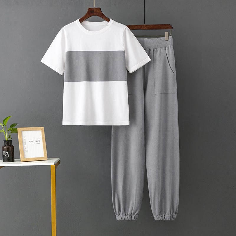 Free / Gray One Size Fashionable Casual Set New Summer Ice Silk Knitted Loose Short Sleeve Two Piece Set