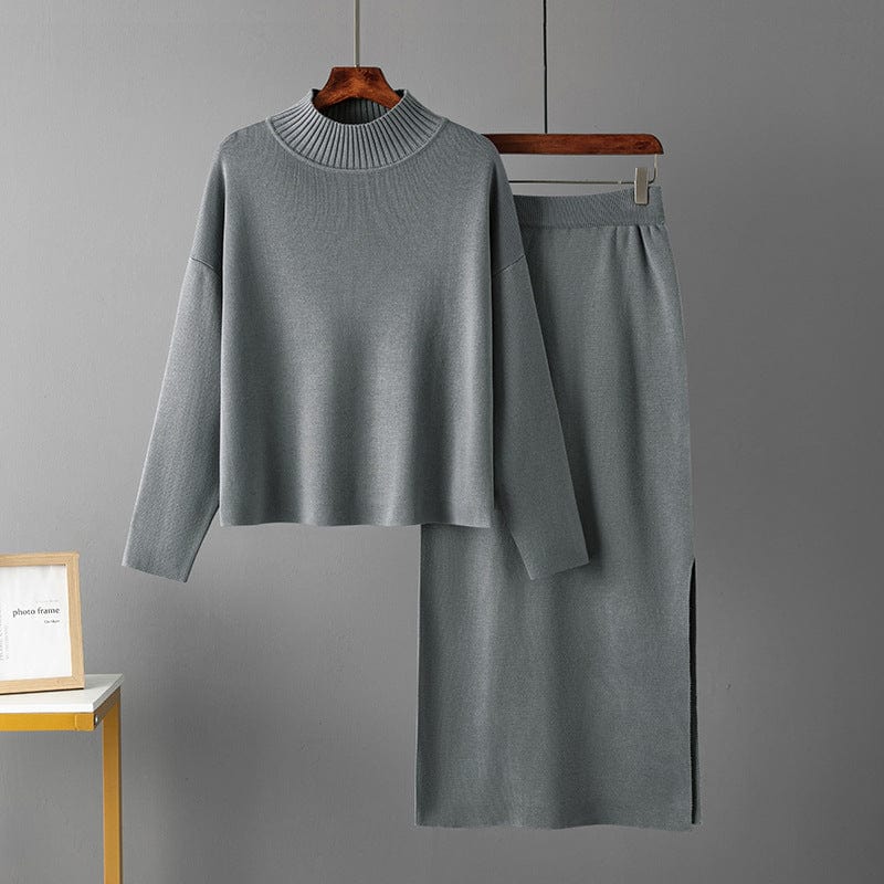 Free / Gray PDEP Women's 2023 Autumn New Casual Loose Fashion Long knitted sweater skirt and top Two Piece Set Wholesale top quality Sweater