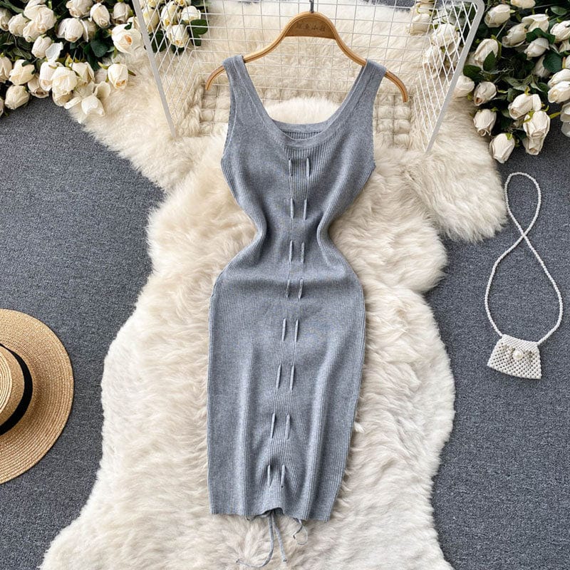 Free / Gray Summer Sexy V Neck Backless Thin Elastic Rib-Knit Drawstring Wrap Vest Dress Women Casual Chic Slim Bodycon Dresses Ladies