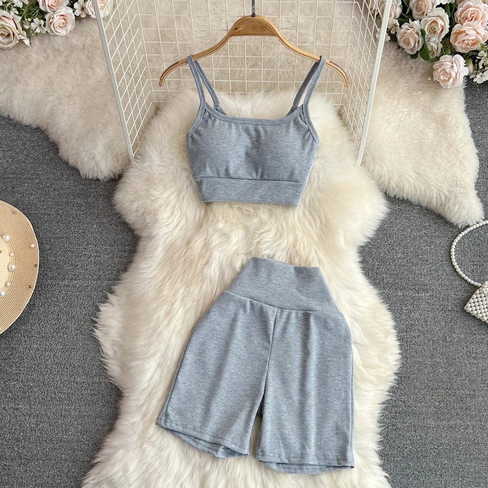 Free / Gray Summer Sports Fashion Suit Women Yoga Halter Undershirt Shorts Two Piece Set
