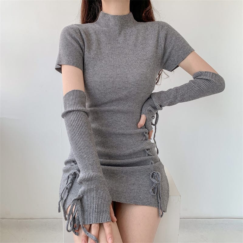 Free / Gray Sweet Cute O-Neck Bodycon Dress for Women Clothing Separate Sleeveless Sweater Pink Sexy Knitted Mini Dress Sexy Winter