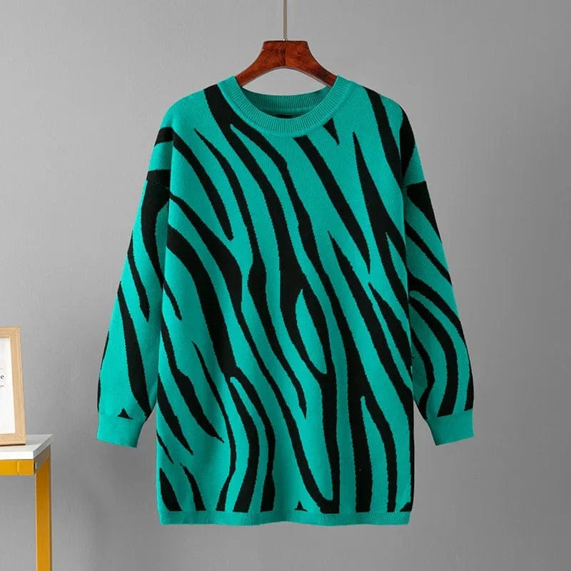 Free / green 2023 Autumn And Winter New Zebra-print Fashion Knitted Pullover  Casual Round Neck Sweater