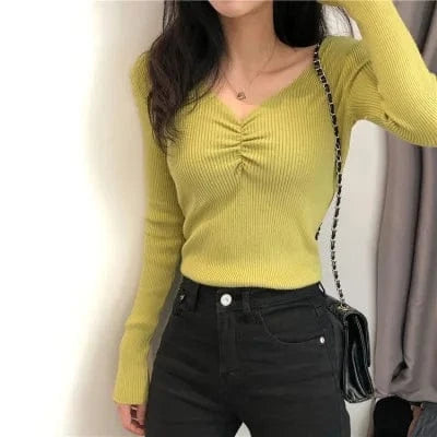 Free / green 2023Autumn Women's Long Sleeve Sexy V-neck pullover Sweater Korean Version Slim-fit Pullover New Sweater