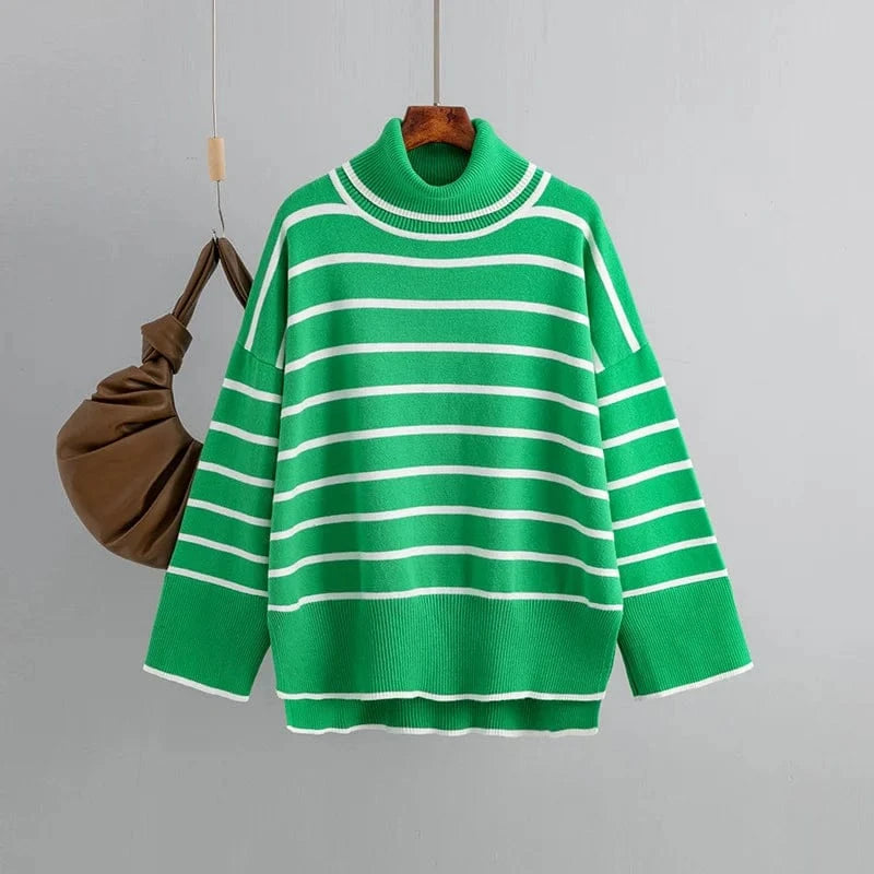 Free / green 2024 Hot Sale Women Sweater Autumn Winter High-neck Knit Pullover Loose Long Sleeve Knitwear Striped Casual Sweater