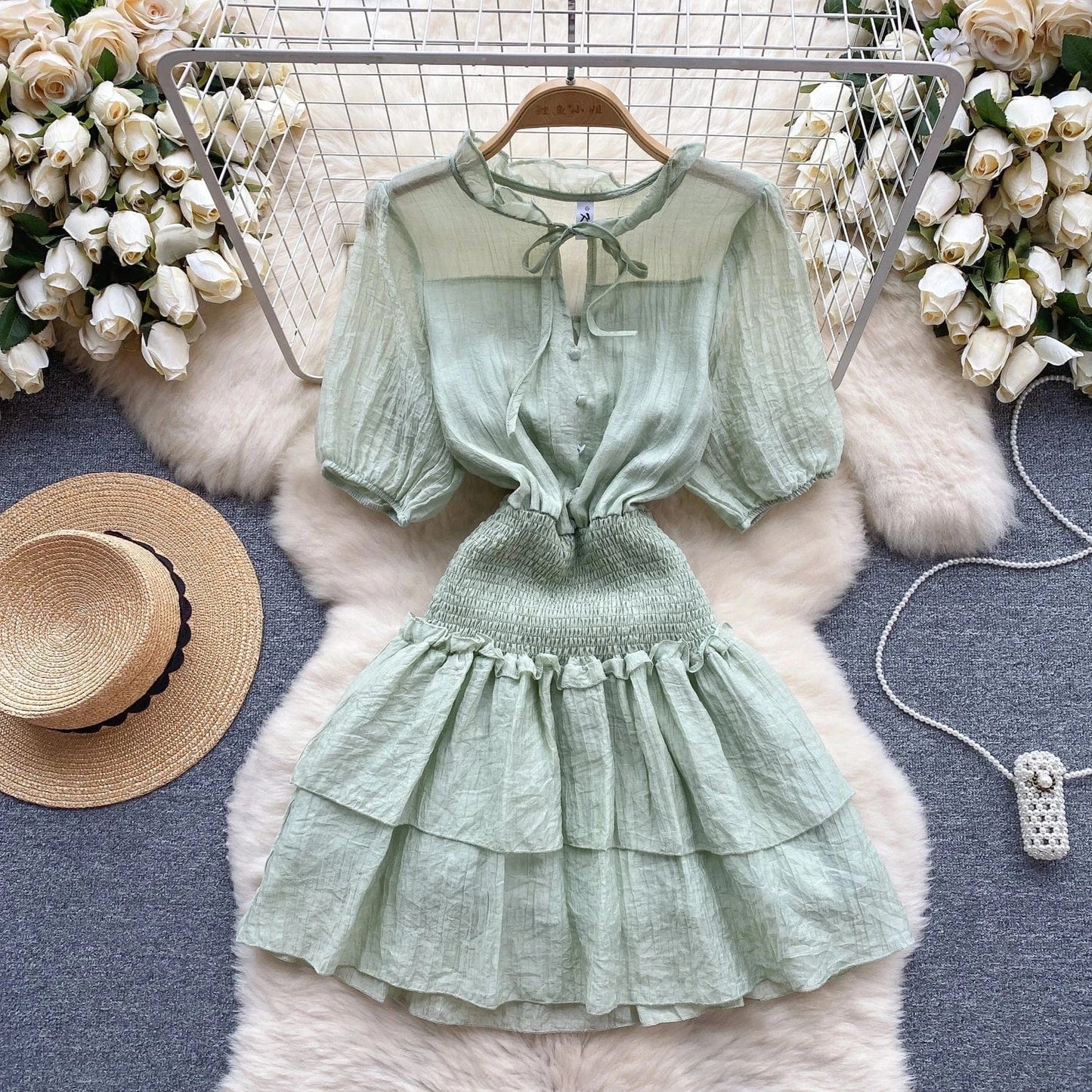Free / green 2024 New Summer Sweet V-neck Tunic Slim Midi Dress For Women Ruffled Clothes Women