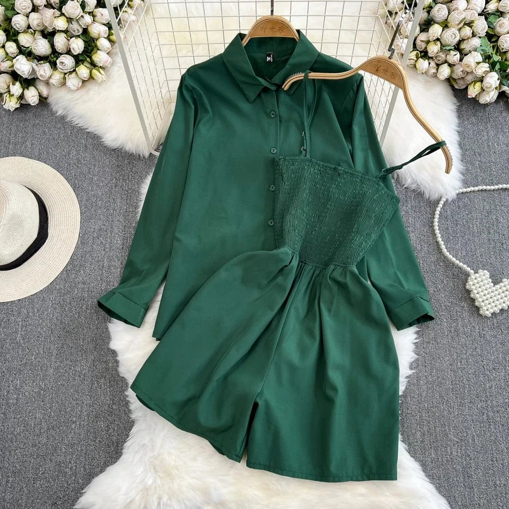 Free / green 2Pcs Set Woman Lazy Fashion Suit Women'S Summer Niche Design High-Class Loose Sunscreen Shirt+Wide Leg Suspenders Culottes Set