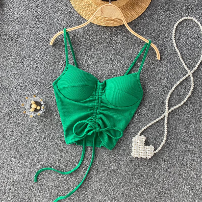 Free / green Amazon Hot Hale 15 Colors Women Summer Solid Spaghetti Strap Boob Tube Tank Top Ladies Drawstring Crop Tops