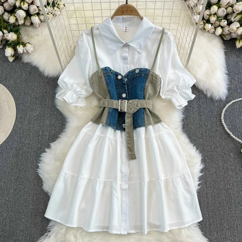Free / green Clashing Denim Vest Vest Women Two Piece Long Sleeve Lapel A-Line White Shirt Dresses