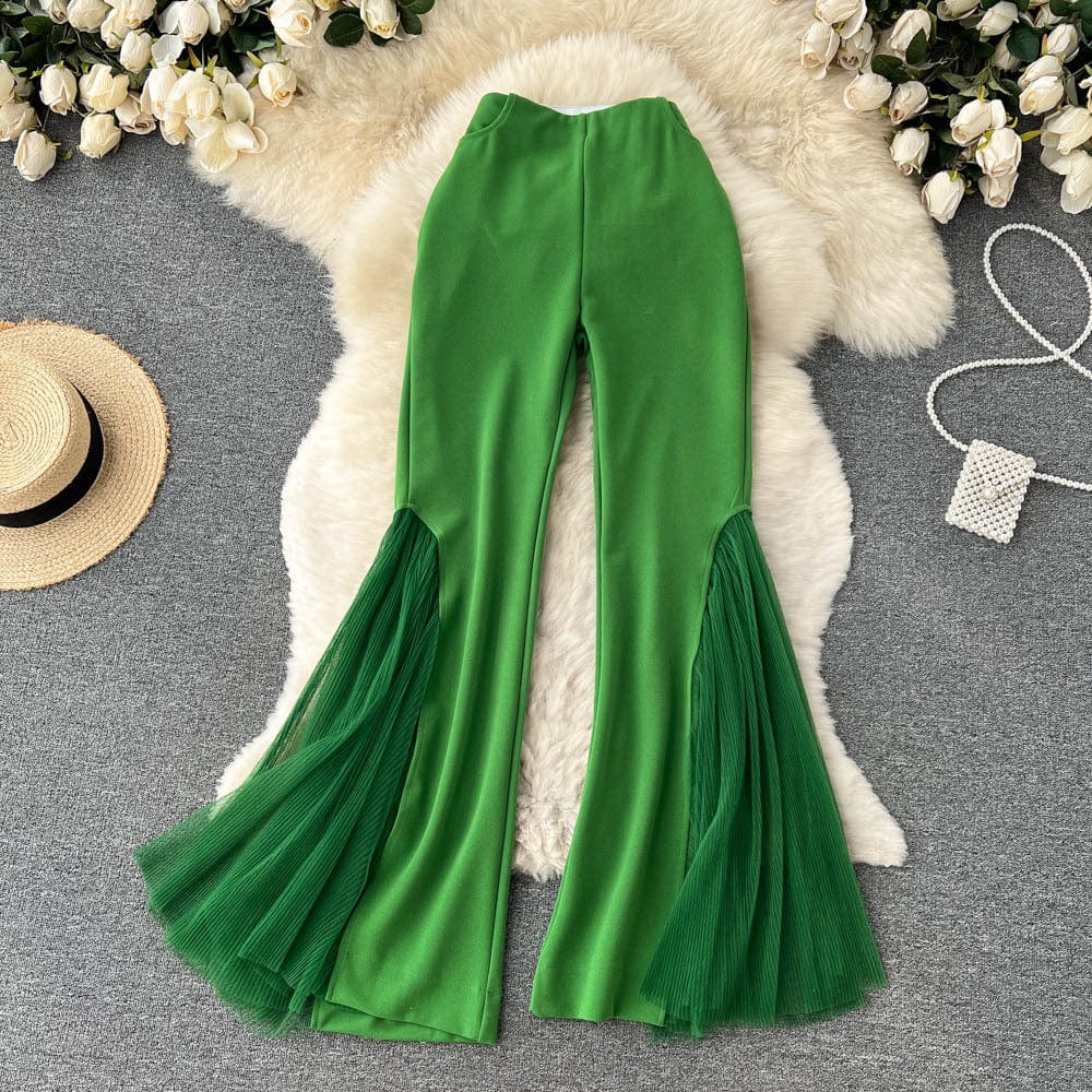 Free / green Factory Wholesale Fashion performance clothes ladies dance pants Mesh Patchwork Flared Pants