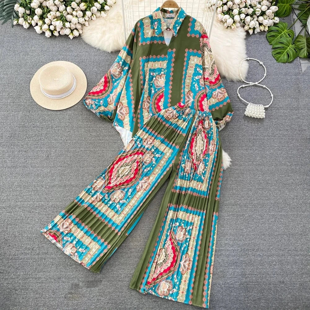 Free / green Fashion Suit Retro Loose Irregular Single-Breasted Printed Shirt High-Waisted Wide-Leg Pants Two Piece Set