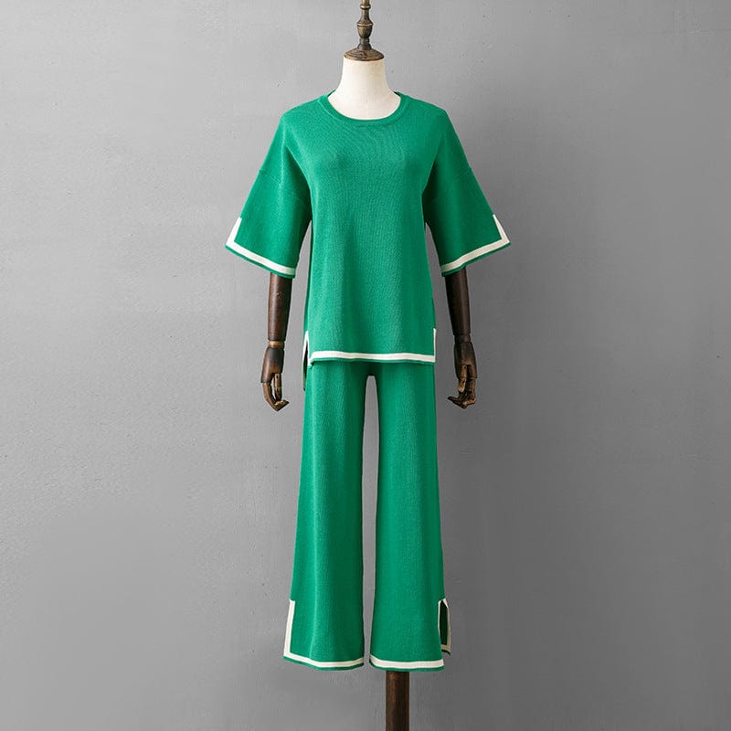 Free / green GX3204 Good Quality 2023 Women's Knit Outfit Spring Summer Casual Short Sleeve Loose Tops and Wide-leg Pants 2 Piece Set