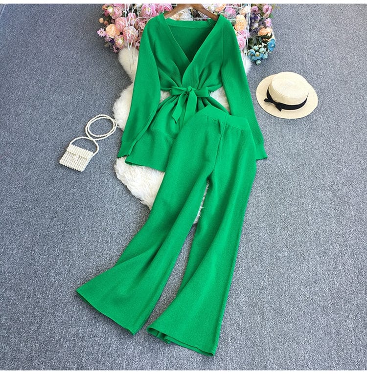 Free / green GX7188A Fashion causal knit clothing vendor leisure suits women long sleeve shirt and wide leg pant matching suits 2 piece sets