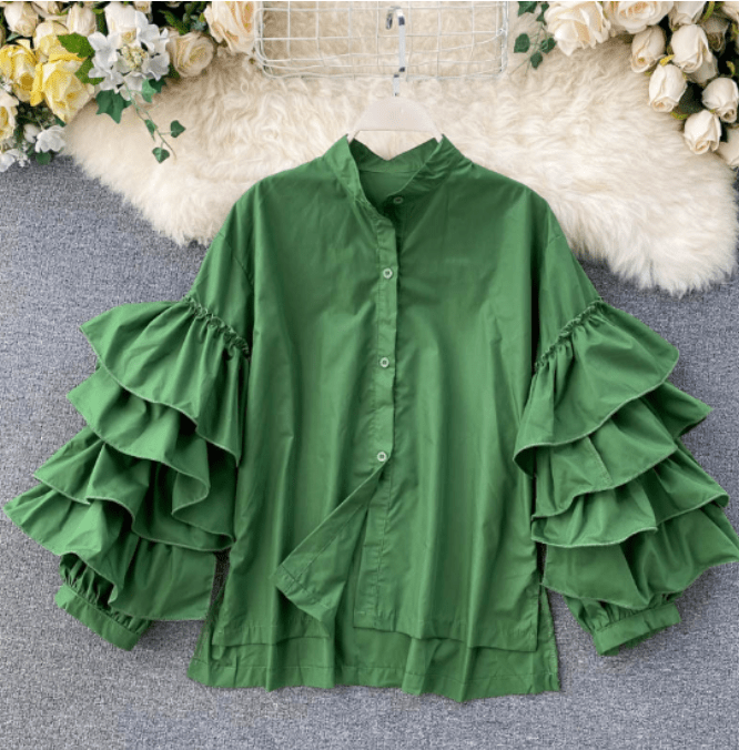 Free / green Latest Design Fashion Loose Ruffle Flare Sleeves Women Casual Blouse