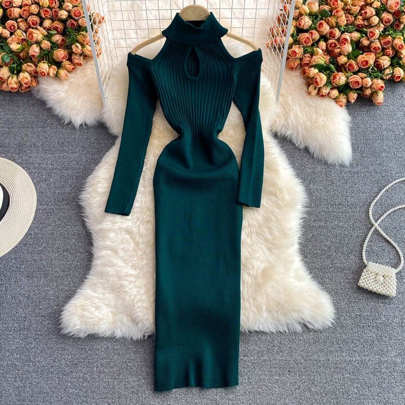 Free / green Long Sleeve O-neck Solid Sheath Dress Autumn Vintage Knitting High Waist Midi Dress Ladies Elegant Dresses Clothes Women