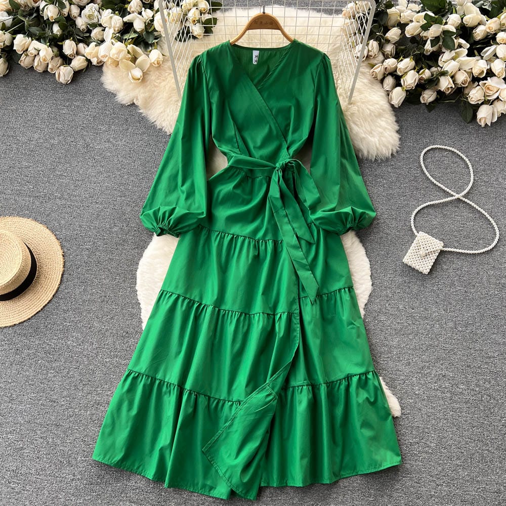 Free / green New Arrivals Wholesale Custom Women V-Neck Ruffle Tiered Pleated Long Maxi Casual Dress