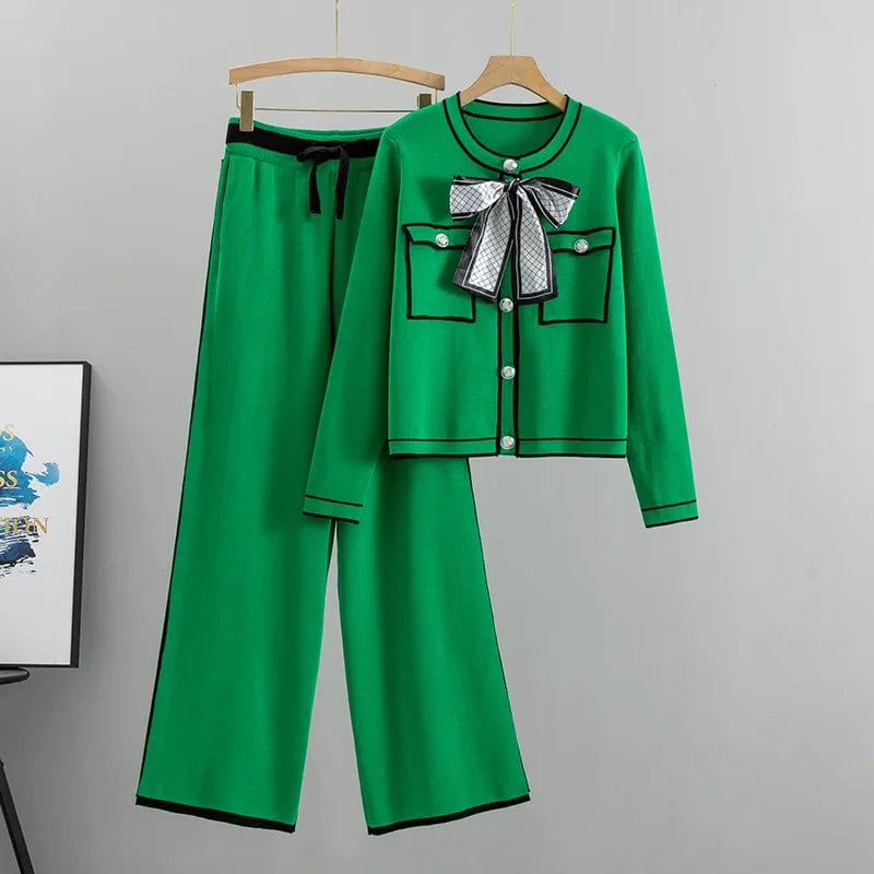 Free / green One size  Fashion Set Temperament knitted single breasted long sleeved cardigan Lace up wide leg casual pants 2-piece set