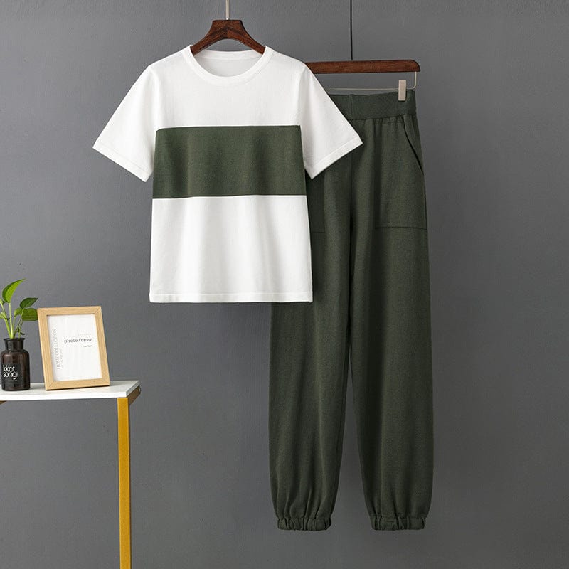Free / green One Size Fashionable Casual Set New Summer Ice Silk Knitted Loose Short Sleeve Two Piece Set