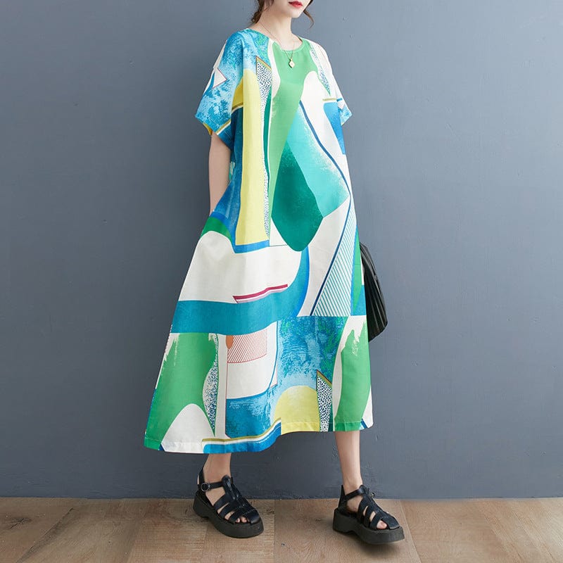 Free / green One size  Literature and Art Large Loose and Slim Printed Panel Mid length Dress
