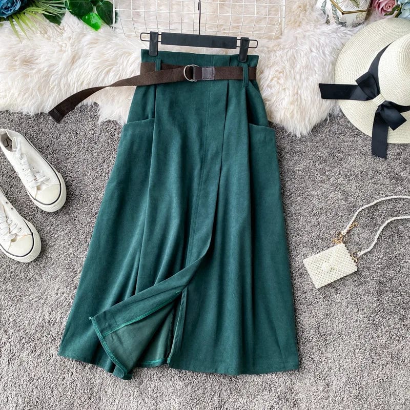 Free / green One size New High Waist Umbrella skirt Large Swing Long skirt  Irregular Loose A-line Half length Straight  skirt  +Belt