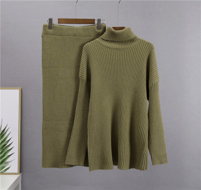 Free / green One size pit stripe skirt high neck sweater set for women loose fitting warm pullover sweater two-piece set