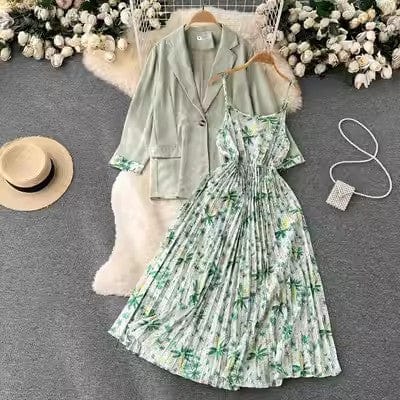 Free / green One size women's two-piece summer long sleeved Blazer waist closing floral suspender dress suit