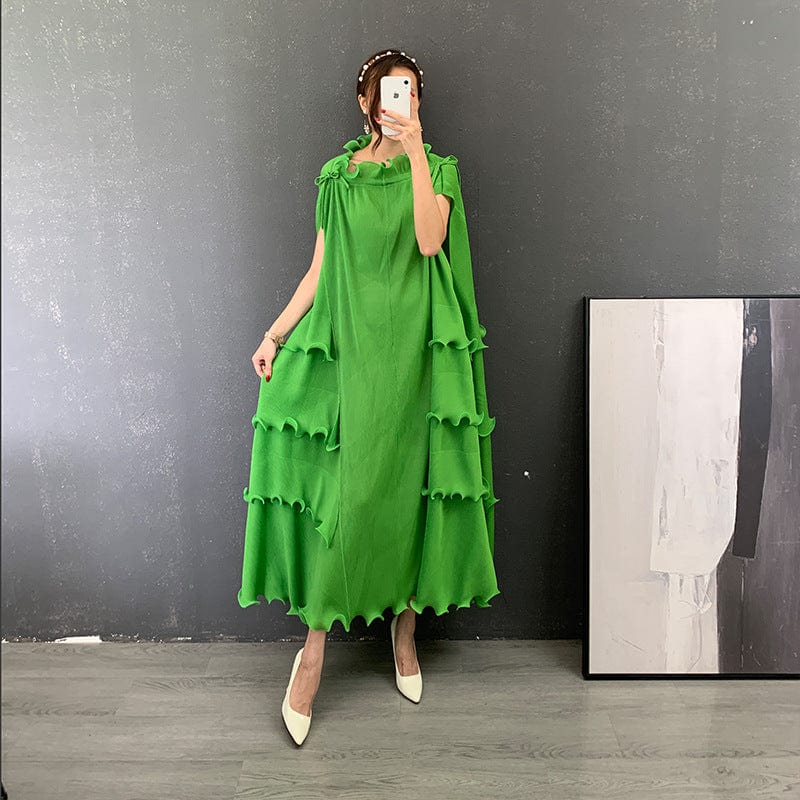 Free / green OUDINA New Clothes Loose Elegant Fungus Lace Belt Pleated Dress Vintage Women Casual Dresses