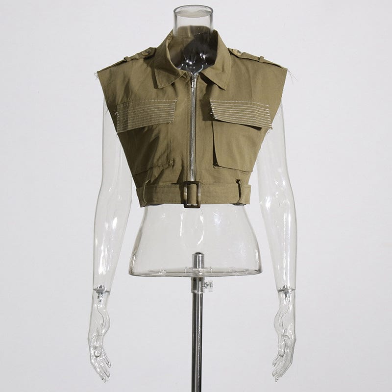 Free / green OUDINA Wholesale New Vintage Casual Short Multi-pocket Sleeveless Vest  Cargo Top Women's Crop Tops For Women