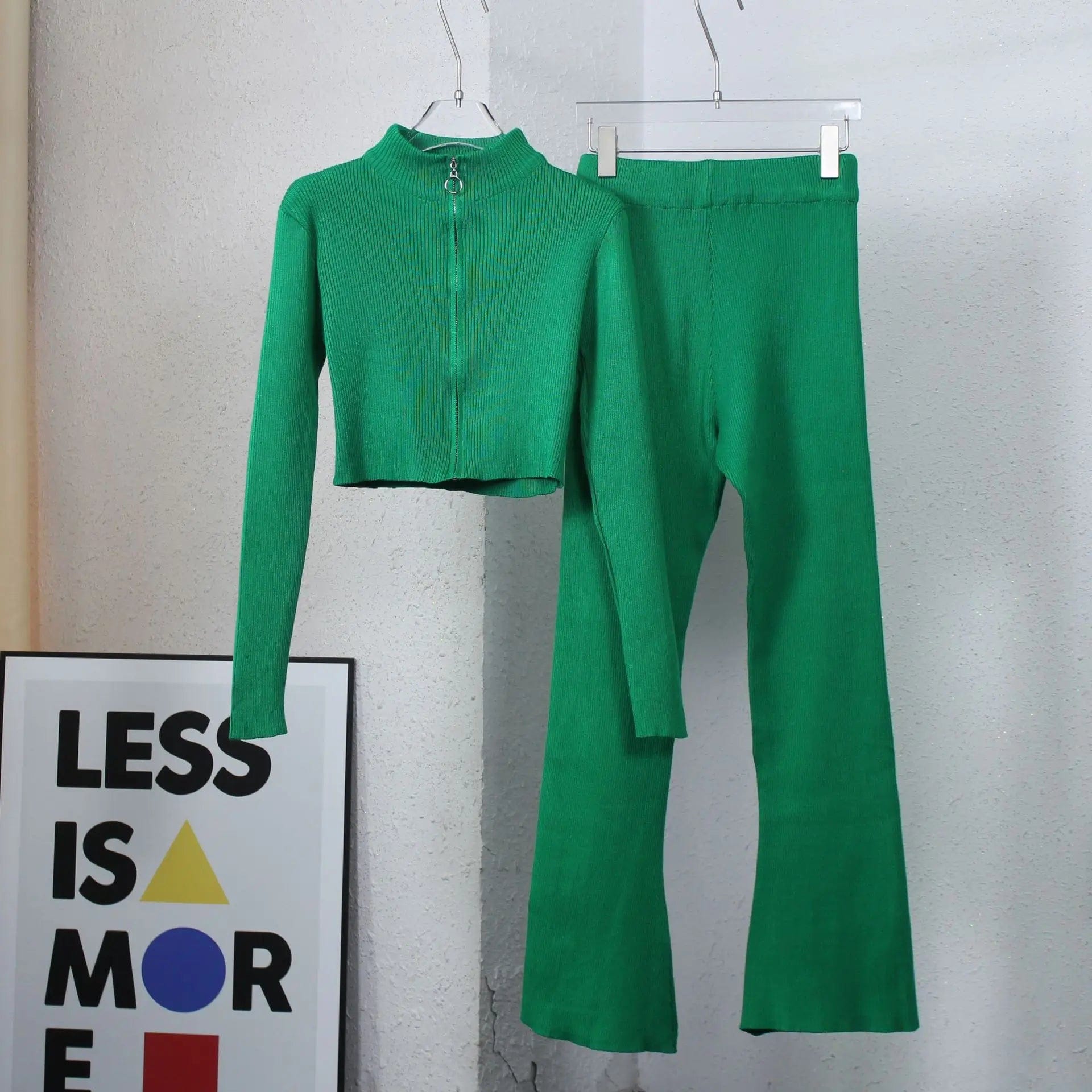 Free / green PDEP 2023 autumn short crop sweater and  top high waist wide leg pant set solid color fashion Korean casual two piece set